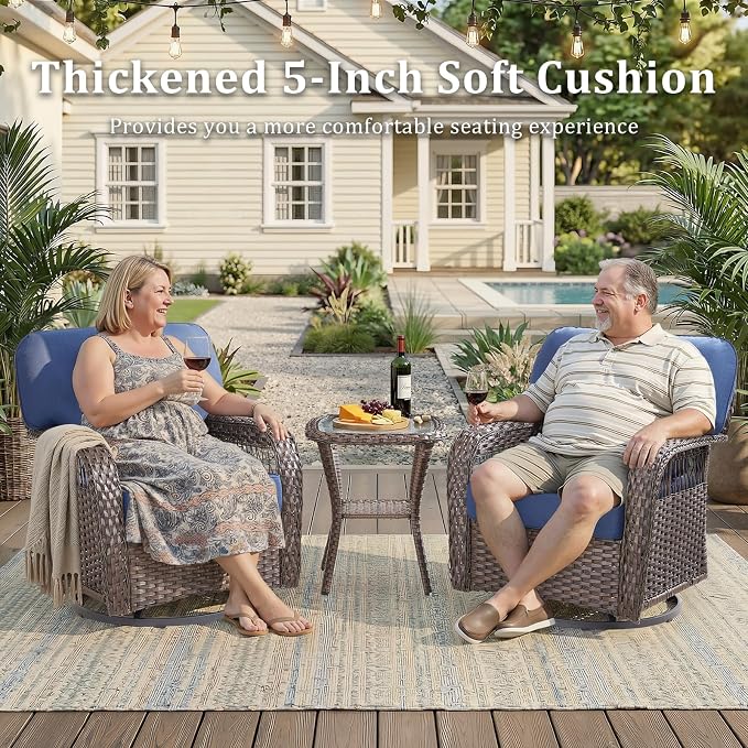 9 PCS Patio Furniture Set Outdoor Sectional Sofa Couch with High Back Rocking Swivel Chairs 5" Deep Seat Chairs, Modern Wicker Rattan Conversation Set, Blue/Brown Wicker