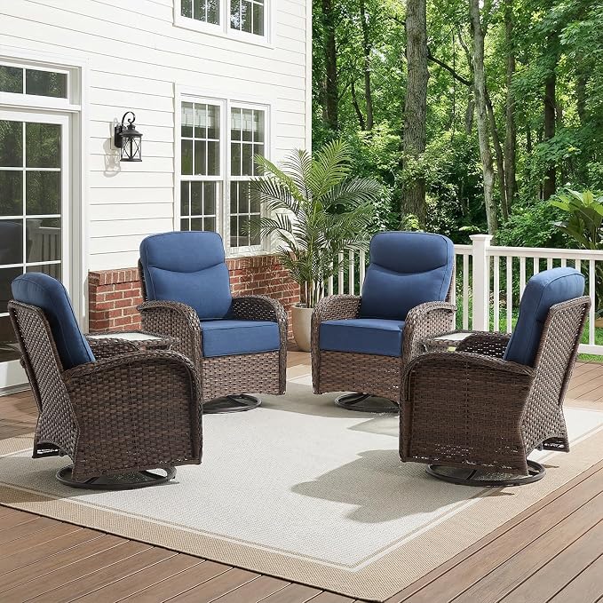 HUMMUH 4PCS Outdoor Swivel Rocker Patio Chairs with 6-inch Thick Cushion, Luxury High Back Patio Furniture Set,Wicker Conversation Set for Deck Yard and Poolside