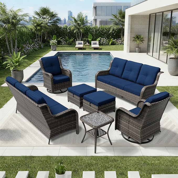 Joyside 7 Piece Wicker Patio Furniture Set, Outdoor Swivel Rocker Patio Chairs with High Back, Deep Seating, Wide Armrest, Thickened Cushions, Outdoor Furniture for Deck, Porch Use