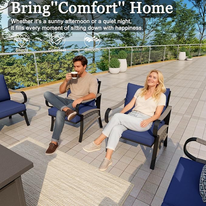 4-Piece Outdoor Furniture Set, Patio Conversation Set Include 3-Seater Sofa Couch Single Chairs with Fire Pit Table for Deck, Porch, Garden, Backyard, Poolside (Blue Cushions)
