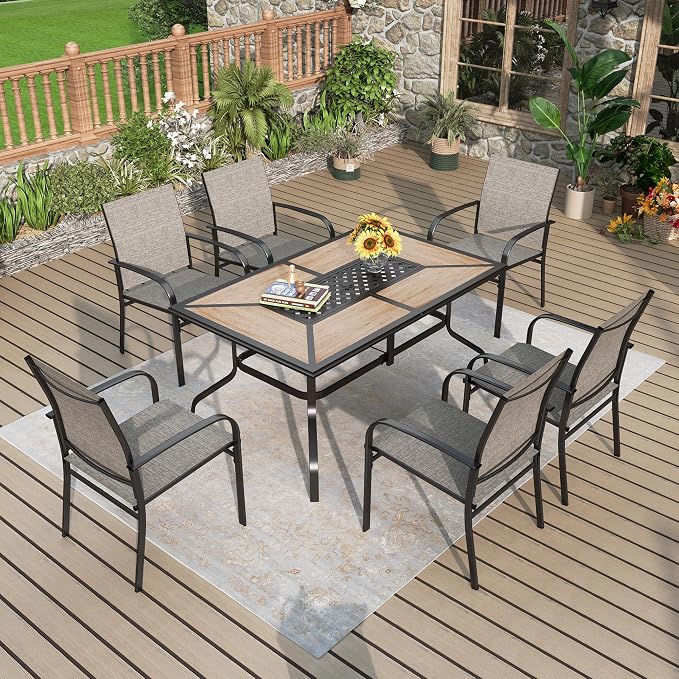 MIXPATIO Outdoor Patio Dining Set 7 Piece Furniture Set with 6 Brown Textilene Chairs and Wood-Like Table Top Rectangular Table for Deck Garden Backyard Lawn Poolside