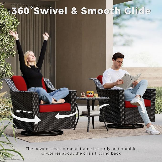 5 Pieces Patio Conversation Furniture Set - 1 Sofa, 2 Swivel Chairs, 2 Ottomans, Outdoor Wicker Furniture with Removable Cushions for Porch, Balcony, Sunroom (Red)