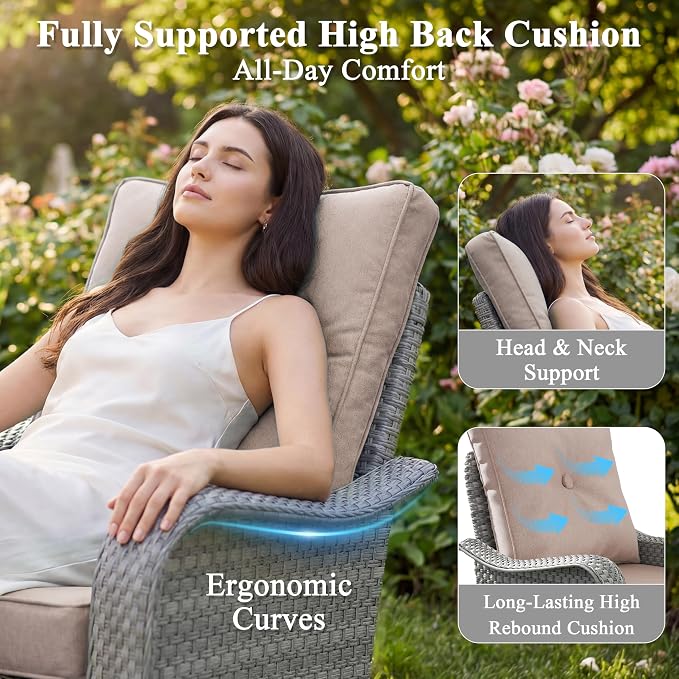 13 Piece Wicker Patio Furniture Set with 55,000 BTU Fire Pit Table, Swivel Rocking Chairs, 4''Cushions, PE Rattan, Wind Guard Glass, for Backyard, Deck or Balcony, Beige