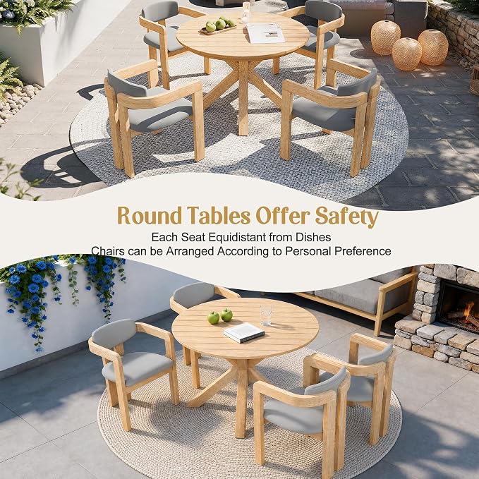 Outdoor Patio Furniture Set of 5, Acacia Wood Round Dining Set with 4 Barrel Chairs & Non-Removable Cushion, 5-Piece Patio Furniture for Backyard Deck Poolside, Acacia Wood + Gray