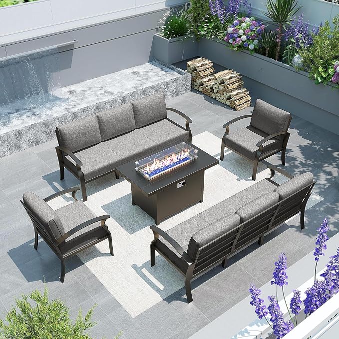 Gotland 8 Seats Outdoor Metal Patio Furniture Set with 55,000 BTU Gas Fire Pit Table w/Glass Wind Guard Patio Conversation Sectional Sofa Sets-Grey