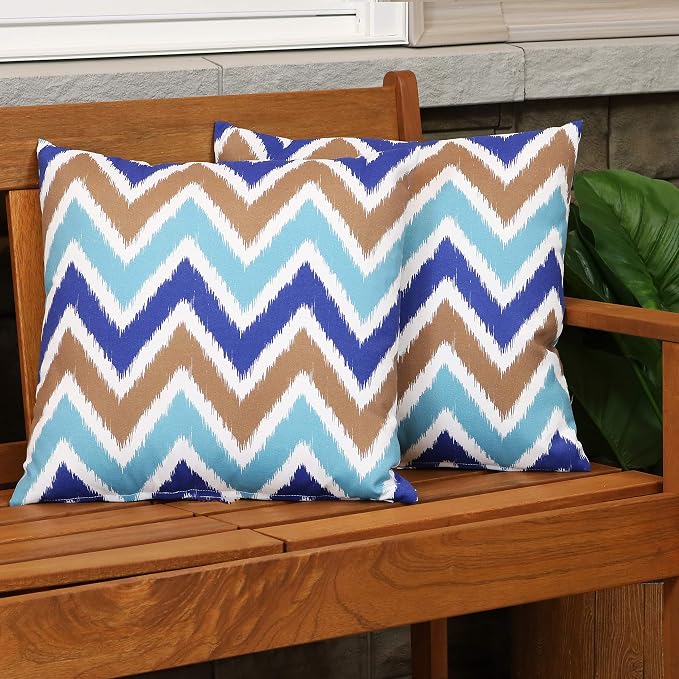 Sunnydaze Indoor and Outdoor Decorative Throw Pillows Set of 2 with Zipper Closures and Inserts - 17-Inch Square Patio Furniture Accents - Weather-Resistant Polyester - Chevron Bliss