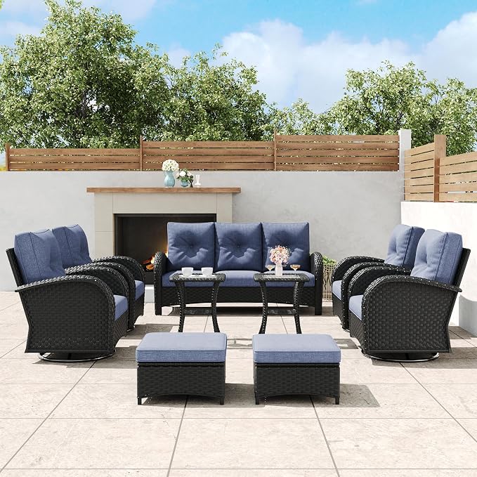 9 Pieces Outdoor Wicker Patio Swivel Rocking Chairs, All Weather Wicker Conversation Set with Side Table