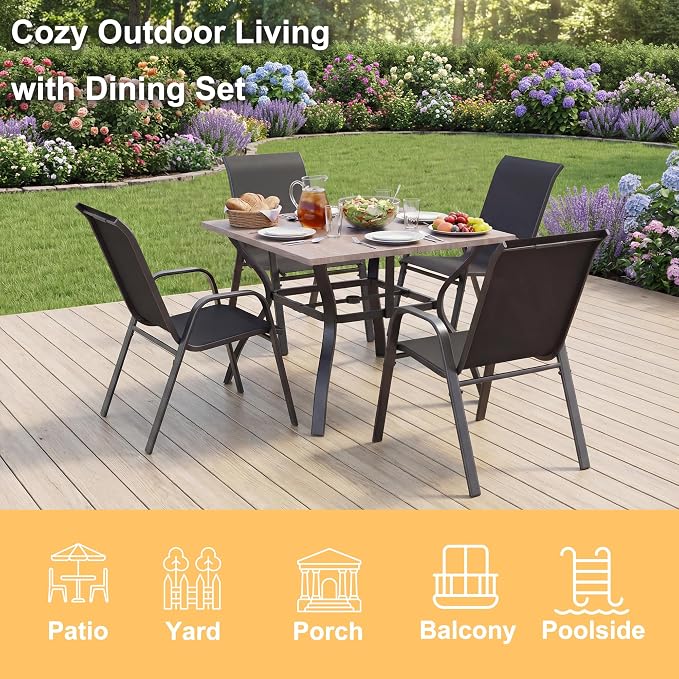5 Pieces of Outdoor Dining Set - Square Patio Table with Umbrella Hole and 4 Stackable Dining Chairs All-Weather for Garden, Deck, and Poolside (Natural, 38“L x 38“W x 28"H Square Dining Table)