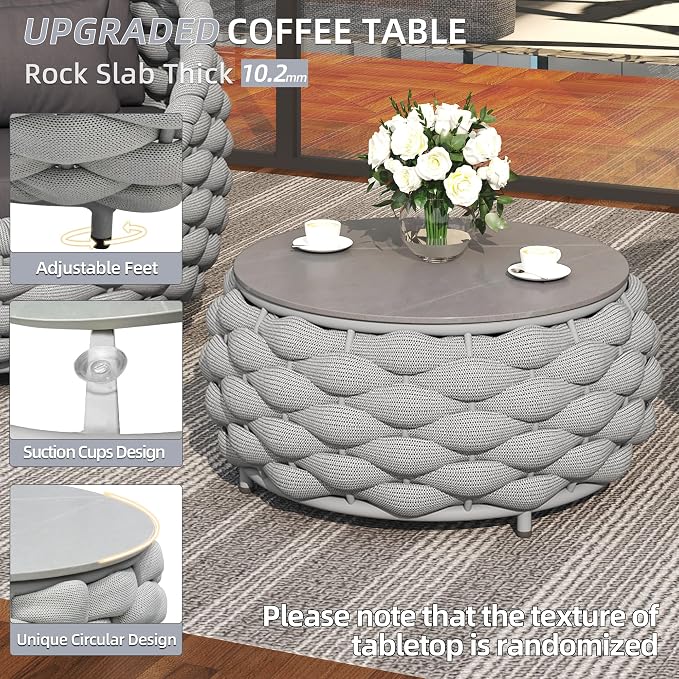 TWT 6-Piece Aluminum Patio Furniture Set, Olefin Rope Modern Outdoor Conversation Set Sectional Sofa with Water Repellent Thick Cushions and Coffee Table for Balcony, Garden, Light Grey