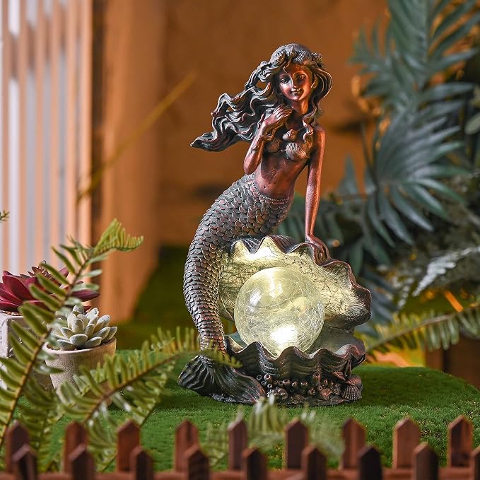 TERESA'S COLLECTIONS Mermaid Garden Statues with Solar Outdoor Lights for Outdoor Decor, Bronze Patina Fairy Sculptures & Statues Christmas Decorations, Garden Decor Gifts for Mom Yard Decor, 13"