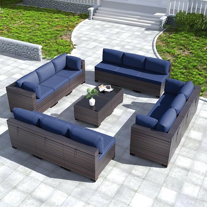 Kullavik 14PCS Outdoor Patio Furniture Set PE Wicker Rattan Sectional Sofa Patio Conversation Sets,Navy Blue
