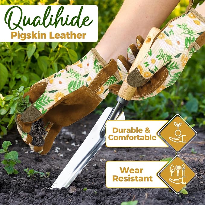 HANDLANDY Gardening Gloves for Women, Leather Garden Glove, Gardener Gift | Breathable Floral Ladies Leather Garden Yard Gloves, for Trimming, Weeding, Digging, Planting, Pruning