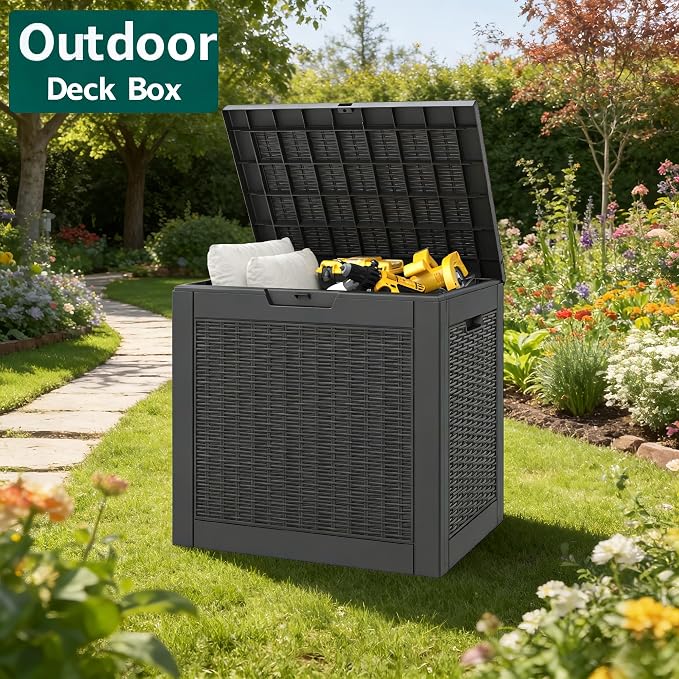 Outdoor Storage Box, 31 Gallon Resin Deck Boxes Outdoor Waterproof For Patio Furniture, Garden Tools, Pool Supplies, Lockable And UV Resistant (Rattan Black)