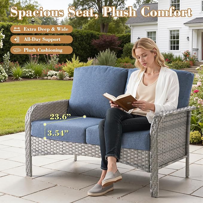 4 Pieces Patio Furniture Set, Small Outdoor Patio Set with Coffee Table, All-Weather Rattan Wicker High Back Conversation Set Loveseat with Chairs for Porch, Backyard, Balcony, Denim Blue