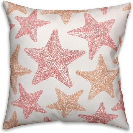 Coral Pink Starfish Indoor/Outdoor Pillow | Decorative Pillows for Living Room Couch Bed Sofa Patio, Fluffy Soft Cushion | Water Resistant Pink, 18x18