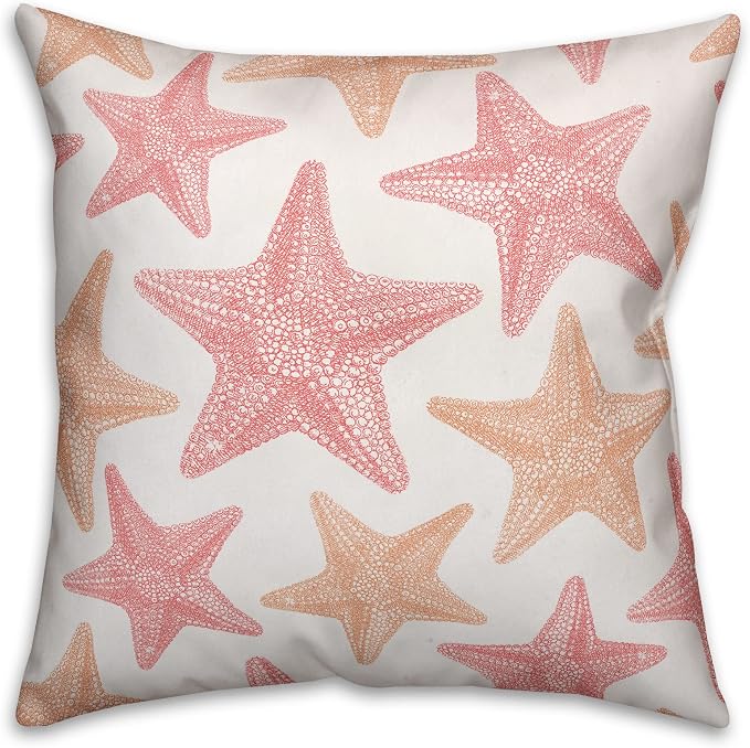 Coral Pink Starfish Indoor/Outdoor Pillow | Decorative Pillows for Living Room Couch Bed Sofa Patio, Fluffy Soft Cushion | Water Resistant Pink, 18x18