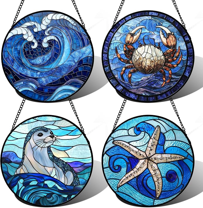 DASTOLL Stained Glass Window Hanging 4 Pcs Set Blue Ocean Waves Large 15" - Starfish Crab Seal Suncatcher Door Garden Sun Catcher Decor Birthday for Mom Woman Nana Men Friend