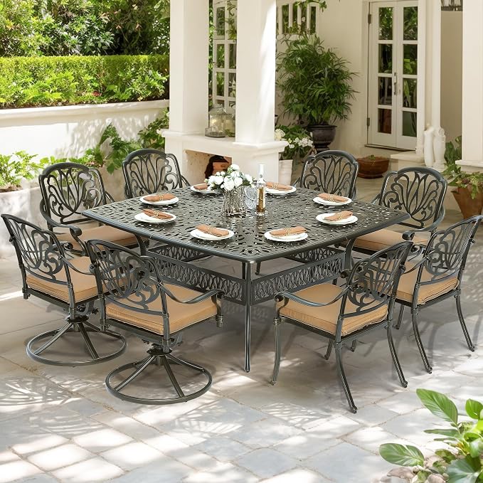 9-Piece Patio Cast Aluminum Dining Set, Outdoor Dining Furniture Set for 8 Person, Includes 64" Square Table, 4 Stationary and 4 Swivel Dining Chairs with Umbrella Hole, Tan