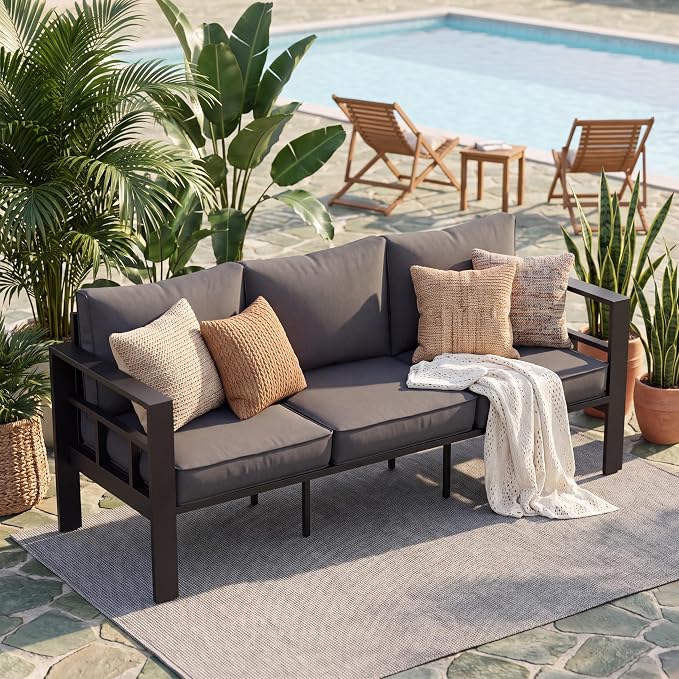 UDPATIO Aluminum Outdoor Furniture, 3-Seat Outdoor Couch | All-Weather & UV-Resistant, Washable Cover for Deck, Backyard, Poolside, Dark Gray