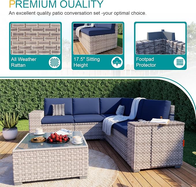 6-Piece Patio Furniture Set, Outdoor Extra Wide Armrest Modular Patio Sofa, Dual-Strand Rattan Wicker, Rust-Resistant Frame, Backyard High Back, Large Seat Furniture for Porch Garden Balcony, Blue