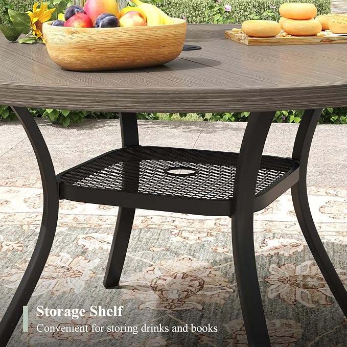 Outdoor Dining Set for 4, 40.6" Metal Round Outdoor Dining Table with Umbrella Hole and Sling Patio Swivel Chairs, 5 Pieces Patio Table and Chairs Set for Garden Backyard, Grey