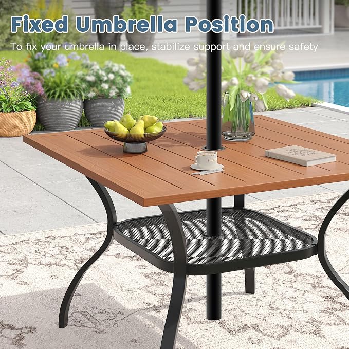 DIFY 5 Pieces Outdoor Dining Set, Metal Patio Table and Chairs Set for 4, 37.8" Square Dining Table with Umbrella Hole & Wicker Swivel Patio Chairs with Cushions, Walnut Tabletop