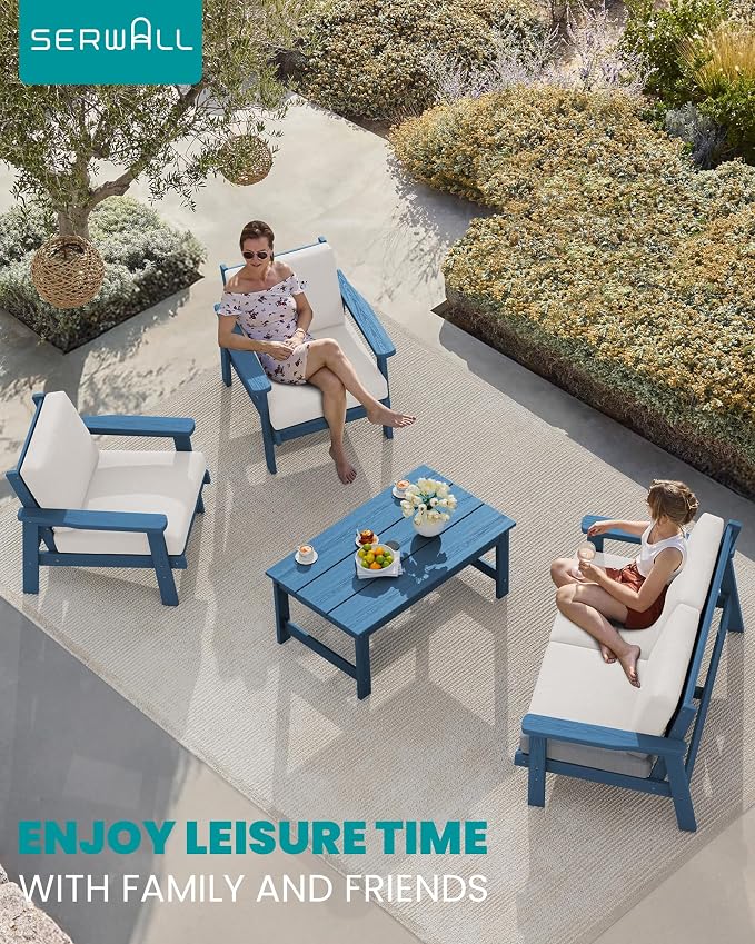 SERWALL HDPE Outdoor Furniture Set, 7 Piece All Weather Wood-Like Outdoor Sofa Sectional Couch, Blue Patio Furniture Set with Khaki Cushions