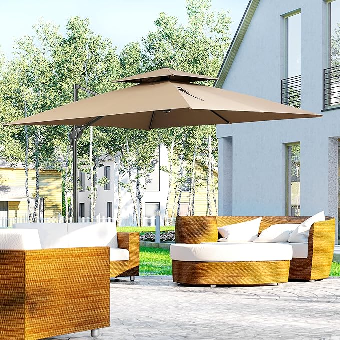 Outsunny 10ft Offset Patio Umbrella with Base, Double Top Hanging Aluminum Cantilever Umbrella with 360-degree Rotation, Easy Tilt, 8 Ribs, Crank, Cross Base, Cover, Strap