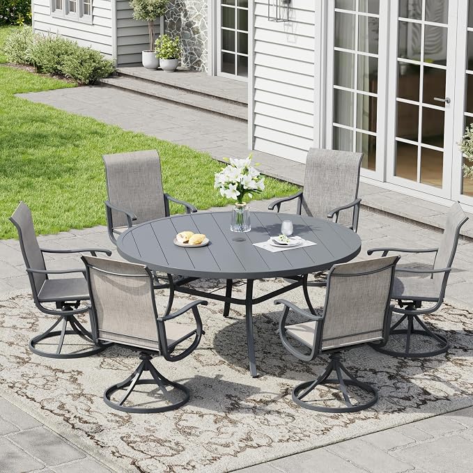 7 Pieces Patio Furniture Dining Set, 6 Textilene Swivel Dining Chairs, 53" Outdoor Round Metal Table with 1.57" Umbrella Hole, Outdoor Dining Set for Porch, Lawn, Garden, Dark Grey/Grey