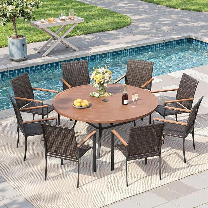 Round Patio Dining Set for 8, 53" Round Metal Table with Umbrella Hole and Stackable Wicker Patio Chairs, Outdoor Furniture Set for Deck Backyard Garden, Walnut Chairs, Walnut Table