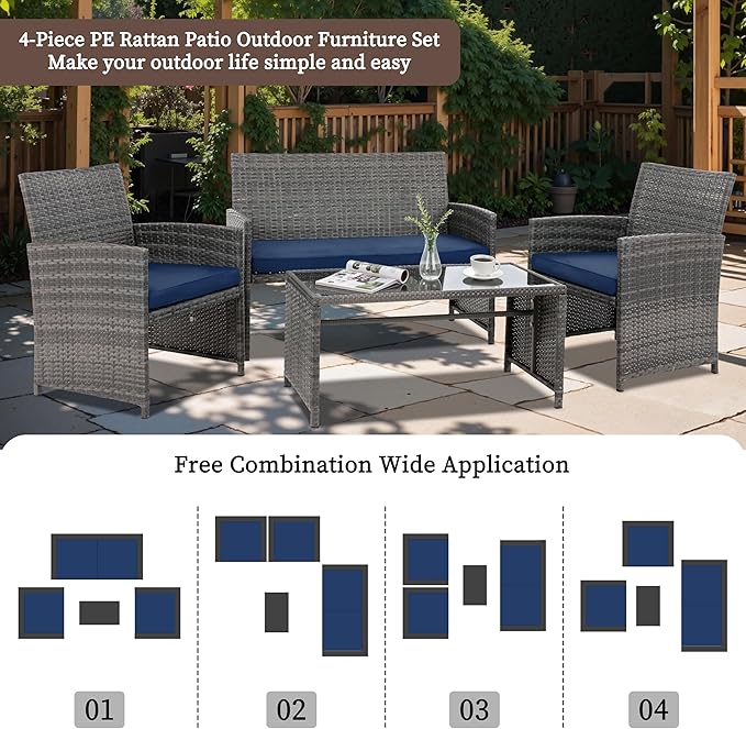 4 Piece Patio Ratten Set Outdoor Furniture Set Wicker Conversation Set with Cushions and Tempered Glass Tabletop,Deep Blue
