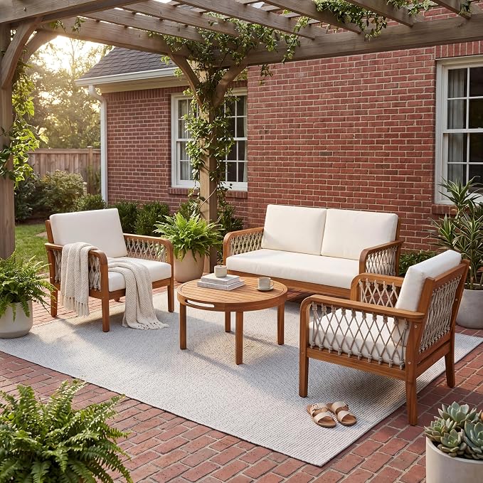 4-Piece Patio Conversation Set, All Weather Sectional Sofa Set w/ 2 Chairs, Loveseat & Round Coffee Table, Acacia Wood Outdoor Furniture Set with Rope Woven Armrests and Cushions (Teak-6.9)