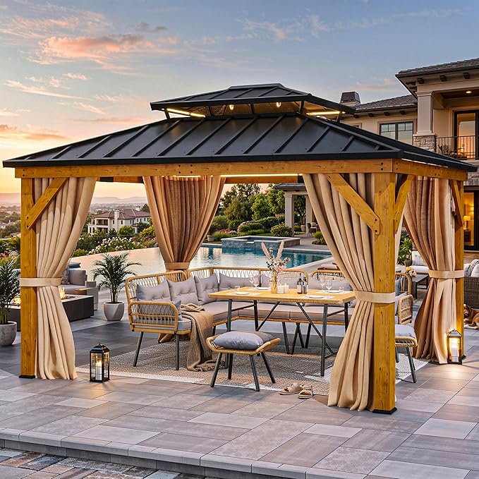 YITAHOME 11X13 Wood Gazebo Hardtop with Nettings and Curtains, Heavy Duty Double Roof Galvanized Steel Outdoor Wood Frame Roof for Patio, Backyard, Deck, Lawns