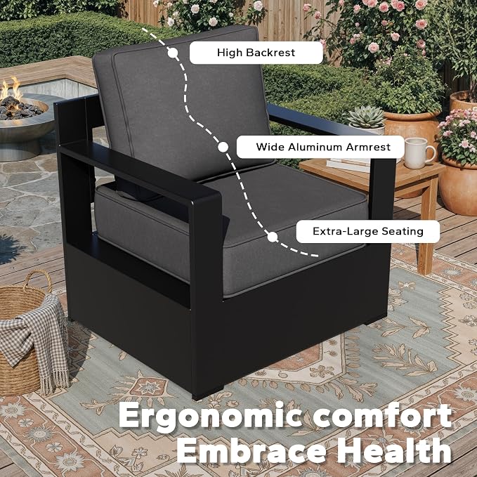 Outdoor Aluminum Furniture Set, 6-Piece Patio Conversation Set, 4 Chairs 1 Sofa and 1 Fireplace, All-Weather Metal Frame, 6" Thick Removable Cushions, Deep Setting for Garden, Poolside and Porch