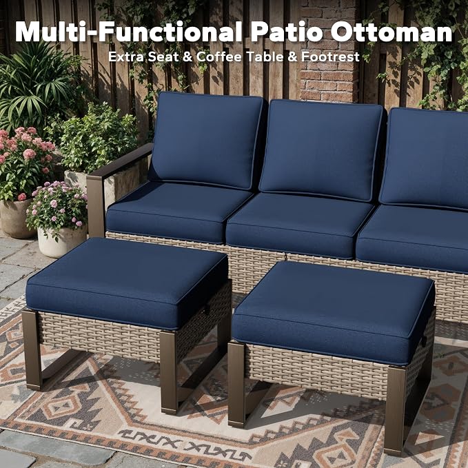 Joyside Outdoor Patio Chairs, 6 Pieces Wicker Rattan Furniture Set, 4 Patio Chairs and 2 Ottoman, Metal Wide Armrest, Thick Cushions and Deep Seating for Garden, Backyard, Porch, Deck