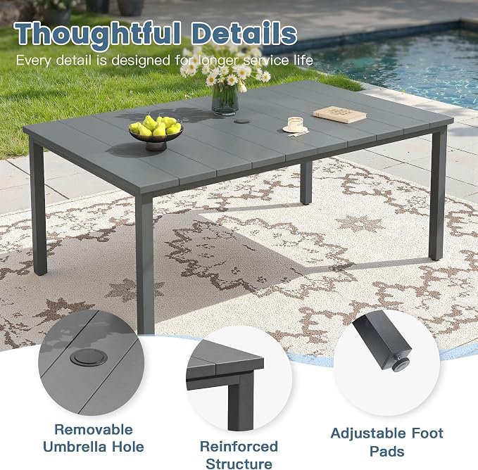 DIFY 7 Piece Outdoor Dining Set, 63" Rectangle Metal Patio Table and Textilene Stackable Chairs for 6, All Weather Patio Furniture Set with Umbrella Hole for Backyard Garden Deck, Grey