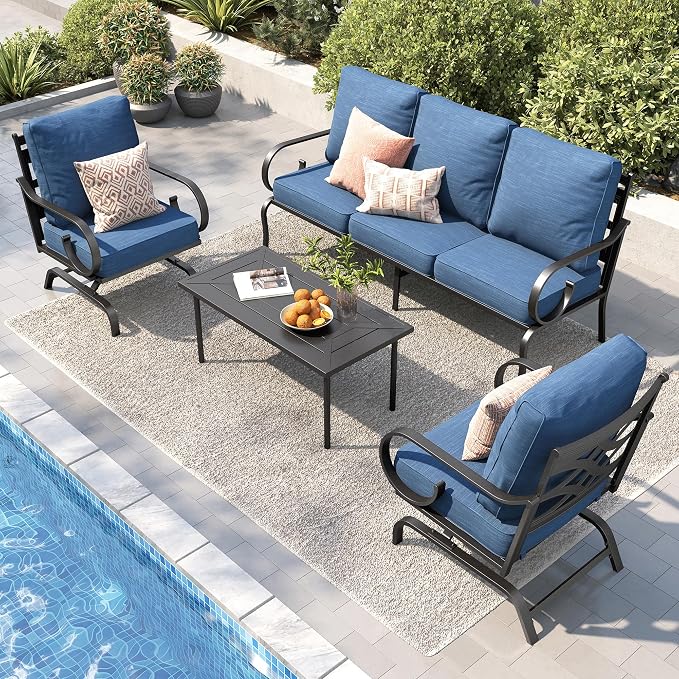 PHI VILLA Patio Furniture Set, 3-Seater Sofa, 2 Rocking Chairs and a Coffee Table, Outdoor Metal Conversation Set with 5.75" Extra Thick Cushion for Garden Backyard Deck, Navy