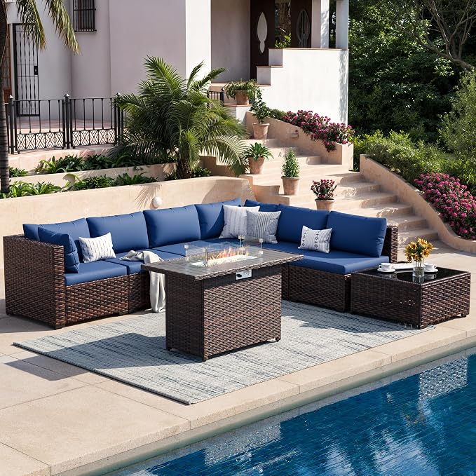8 Piece Patio Furniture Set with 44" Fire Pit Table, Outdoor Sectional Wicker Rattan Sofa Set with Coffee Table (Navy Blue/Brown)