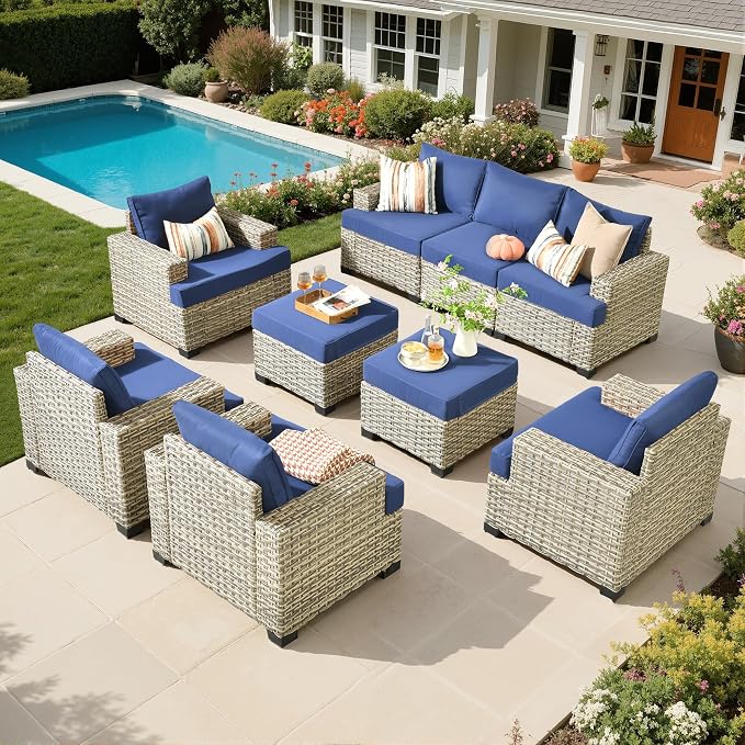 Outdoor Sectional Patio Furniture Set,9 Pieces All Weather Rattan Wicker Conversation Sets,Out Door Furniture with Ottoman Single Chair,Navy Blue