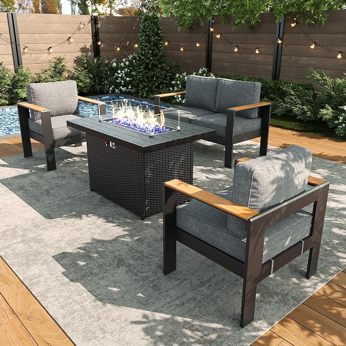 LayinSun 4 Piece Aluminum Outdoor Furniture Set with Fire Pit Table, Outside Patio Deep Seating Conversation Set with Upgraded Washable Thick Cushion