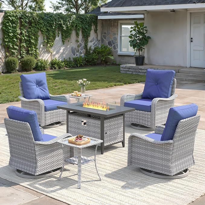 7-Piece Outdoor Conversation Set with 43" Fire Pit Table, 4 Swivel Rocking Chairs (4" Cushions) & 2 Side Tables, All-Weather PE Rattan & Steel Frame for Porch, Deck, Backyard, Blue