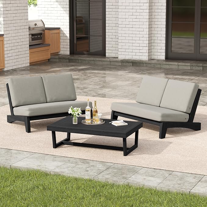 3 Pieces Patio Furniture Sets, All-Weather Outdoor Wood Bistro Set Patio Conversation Coffee Table Chiars and Patio Loveseat for Balcony, Backyard