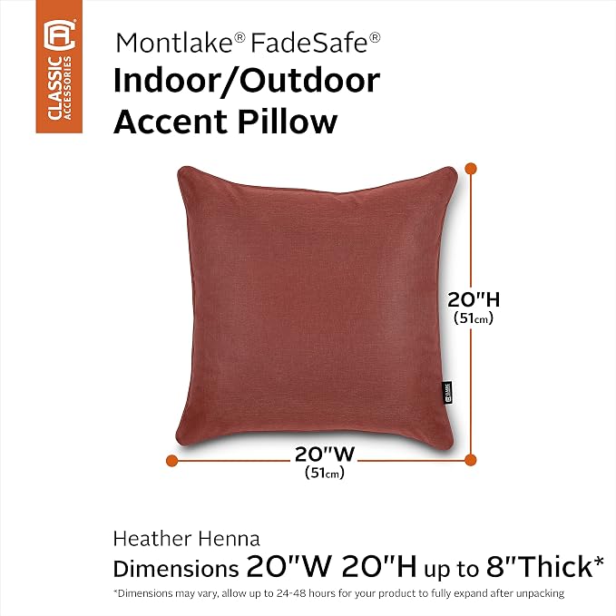 Classic Accessories Montlake FadeSafe Indoor/Outdoor Accent Pillows, 20 x 20 x 8 Inch, 2 Pack, Heather Henna