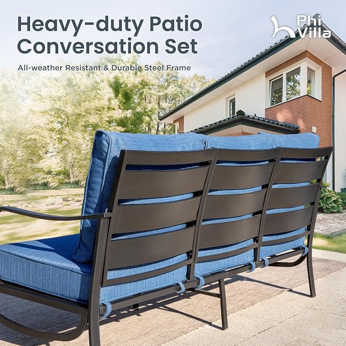 PHI VILLA 7 PCS Patio Furniture Set,Metal Outdoor Furniture with 1x 3 Seater Cushioned Deep Seating Bench Sofa, 2 Swivel Chair, 2 x Leg Chairs & 2 Ottoman for 7 Person, Peacock Blue