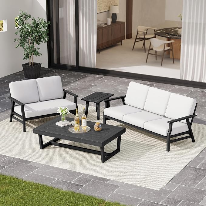 3 Pieces Patio Furniture Sets, Black Wood Outdoor Sectional Furniture with Coffee Table, 5 Seats Patio Sofa Couch Conversation Set for Backyard Deck - Beige