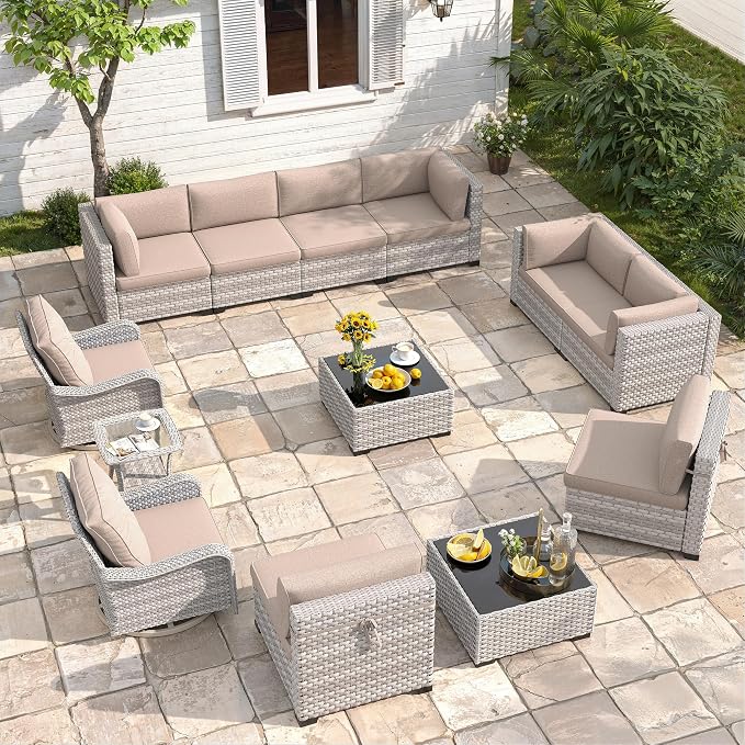 10-Seat Modern Patio Furniture Set with Swivel Rocking Chairs, Thick 4″ Cushions, Dual-Strand Wicker Rattan, Rust-Resistant Steel Frame – Outdoor Conversation & Modular Sectional,Beige