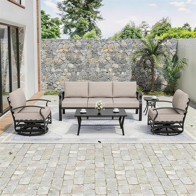 Kurapika Aluminum Patio Furniture Set 5-Seat Modern Outdoor Conversation Sets w/Swivel Rocking Chairs with Rectangular Coffee Table, Sand