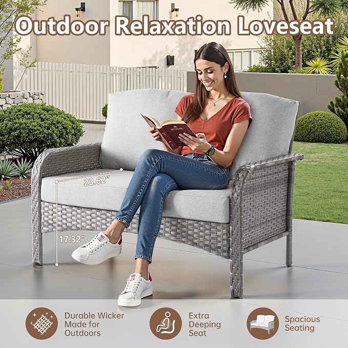 6 PCS Outdoor Patio Furniture Set with Glass Table, All-Weather Rattan Wicker Outdoor Conversation Set with Thickened Cushions for Balcony Backyard Garden Lawn,Grey