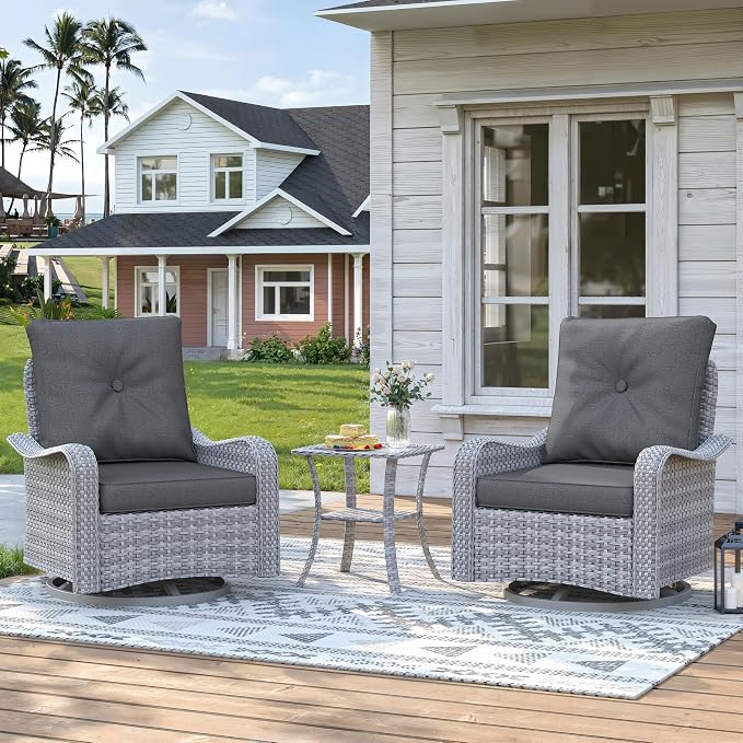 3 Piece Patio Furniture Set with Swivel Rocking Chairs, Outdoor Wicker Conversation Set with 4" Cushions, Glass Side Table, PE Rattan and Rust-Resistant Frame, Black