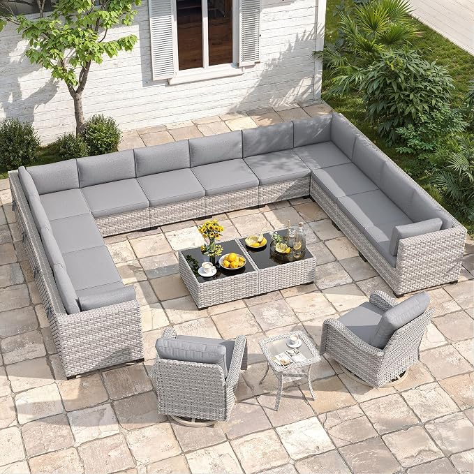 14-Seat Modern Patio Furniture Set with Swivel Rocking Chairs, Thick 4″ Cushions, Dual-Strand Wicker Rattan, Rust-Resistant Steel Frame – Outdoor Conversation & Modular Sectional,Gray